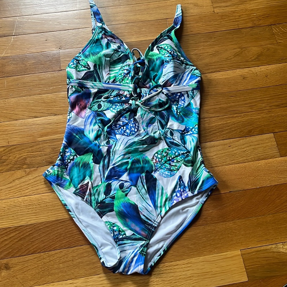 Moontide Jungle Print Lace up Front Tie Back One Piece Swimsuit Women's